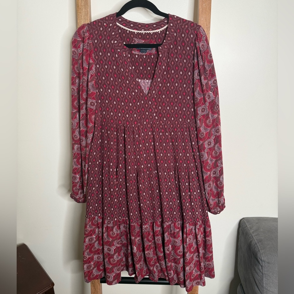 Maeve Anthropologie Tiered Midi Boho Dress Longsleeves Geometric patterns